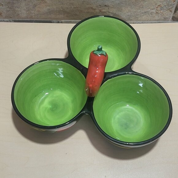 Clay Art Condiment Dish 3 Section Bowl Relish Chili Pepper Jalapeno Center - Picture 4 of 11